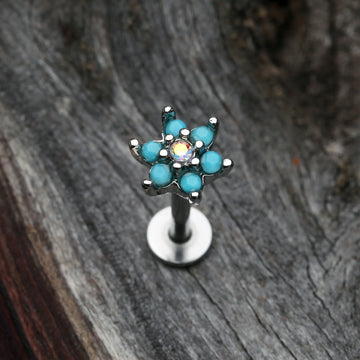 Detail View 1 of Turquoise Spring Flower Sparkle Top Steel Labret-Turquoise/Aurora Borealis